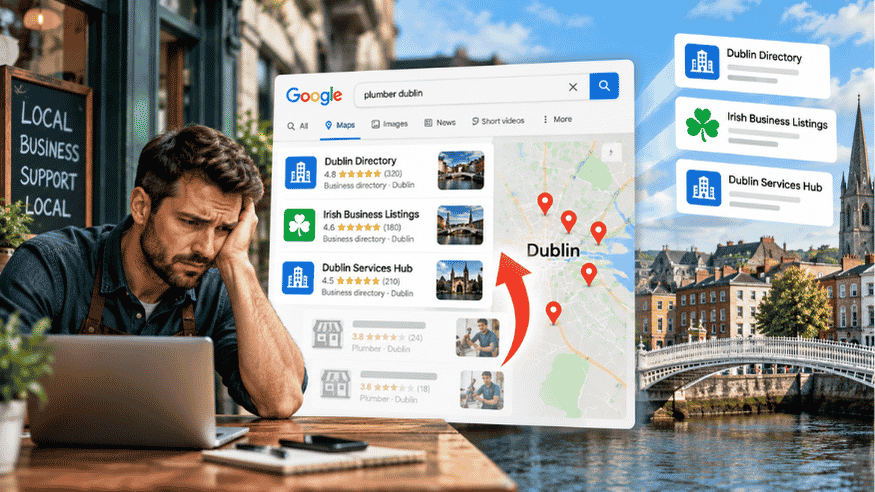 Irish small businesses losing local search visibility to Dublin-based business directories in Google search results.