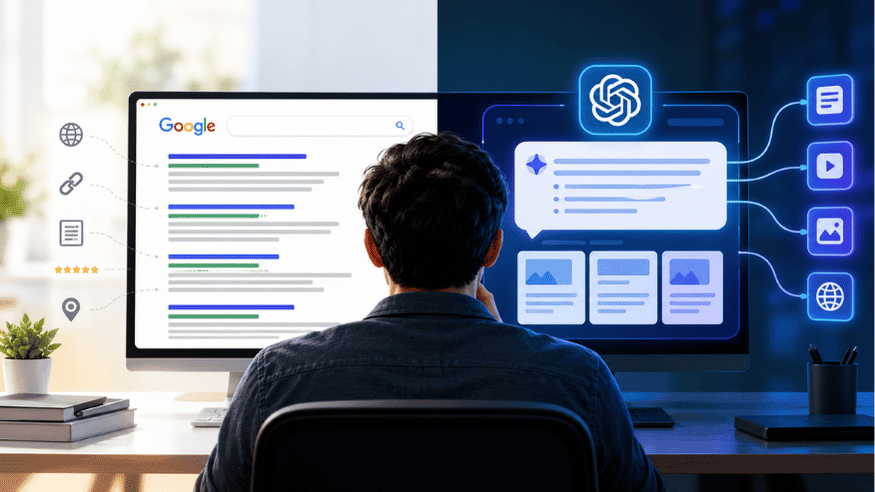SEO vs GEO (Generative Engine Optimisation), comparing traditional search engine results with AI-generated answers and content discovery.