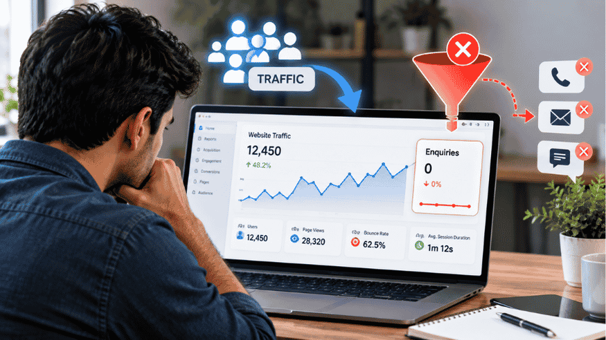 Website getting high traffic but zero enquiries, illustrating poor conversion rates and missed lead generation opportunities.