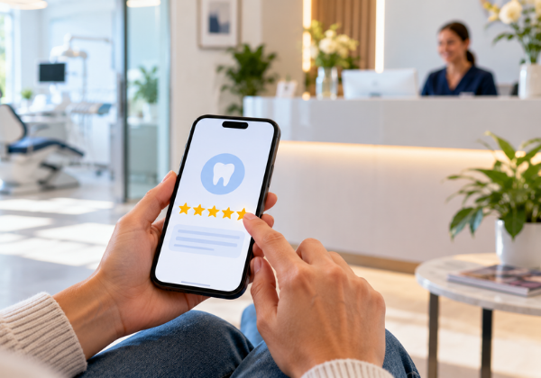 A patient leaving a review on her phone after a dental appointment