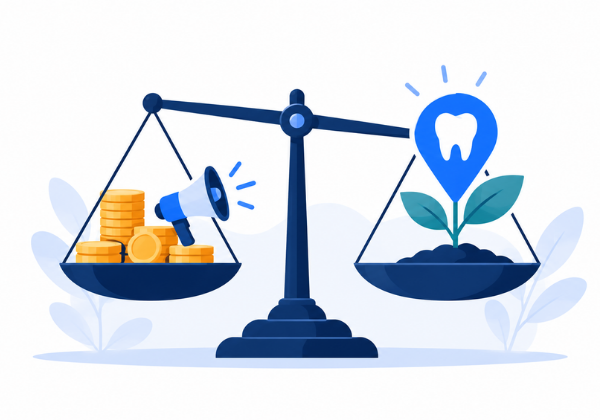 Illustration of a balance scale comparing paid ads and organic search for a dental clinic