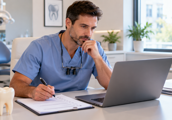 A dentist reviewing website content on a laptop before it goes live