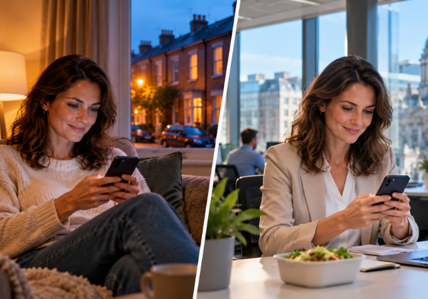 A patient searching for a dentist on her phone at home in the evening and at her office at lunchtime