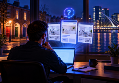A business owner researching accountants on a laptop at night, comparing three firm websites