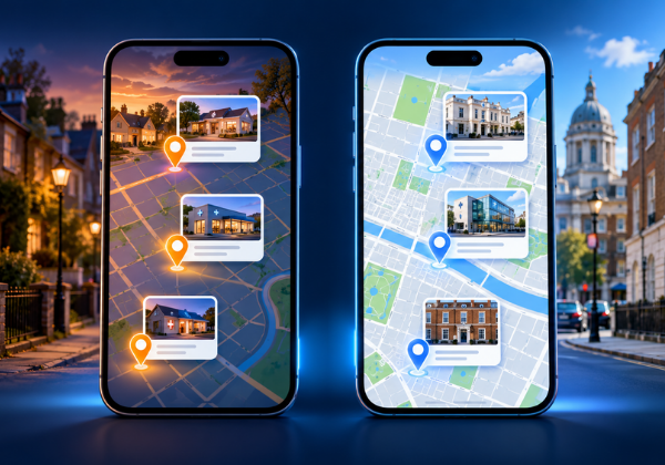 Two phones showing different dental clinic map results for a home search and an office search in Dublin