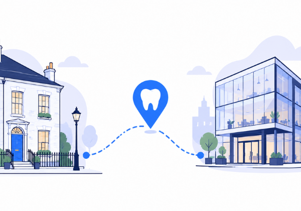 Illustration of a patient's route between a Dublin home and an office, with a dental clinic in between