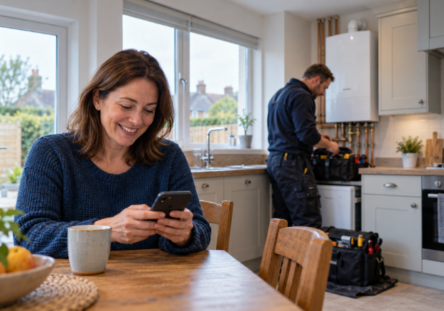 A homeowner leaving a Google review on her phone after a plumber finishes a boiler job