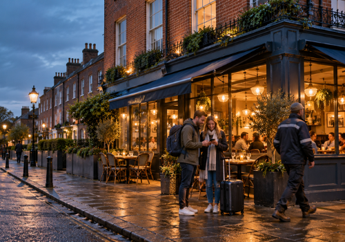 Tourists checking a phone map outside a Dublin restaurant at evening while a local walks past