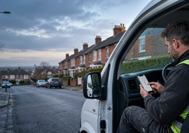 A Dublin tradesperson in a van checking a map of nearby jobs on a phone
