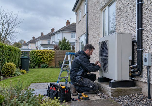 An installer fitting a heat pump outside a semi-detached house in Dublin