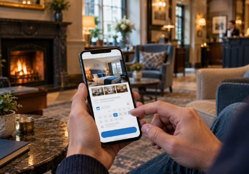A guest booking a room on a small Dublin hotel’s own website on a phone in the hotel lobby