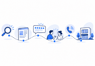 Illustration of a buyer’s path from a Google search to reading guides, checking reviews and calling a firm