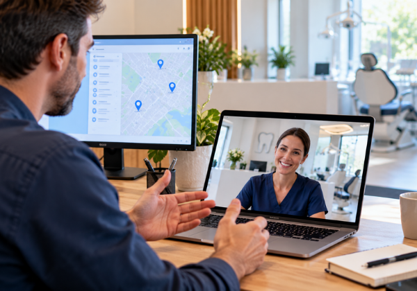 An SEO strategist on a video call with a dental practice manager