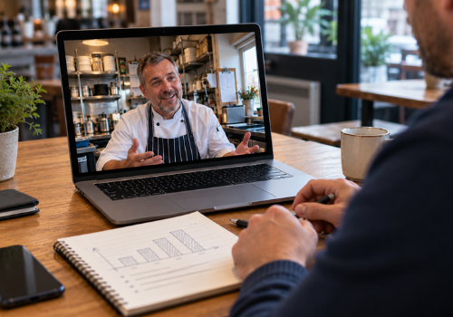 An SEO strategist on a video call with the owner of a Dublin restaurant