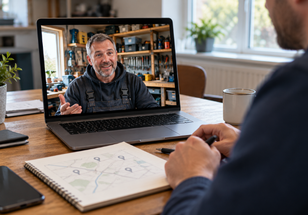 An SEO strategist on a video call with the owner of a Dublin trades business