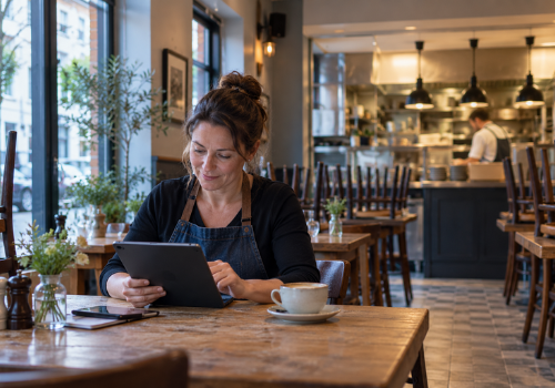 A restaurant owner replying to Google reviews on a tablet in her empty restaurant between services