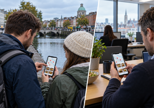 A tourist couple and a local office worker each searching for somewhere to eat in Dublin on their phones