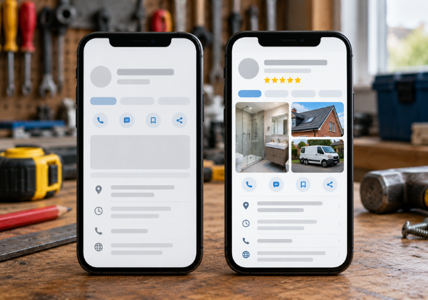 A bare Google Business Profile next to a complete one with job photos and reviews